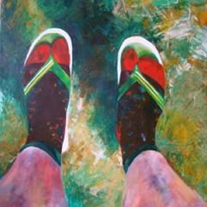 Christmas Socks and Flip Flops painting by author of the poem.